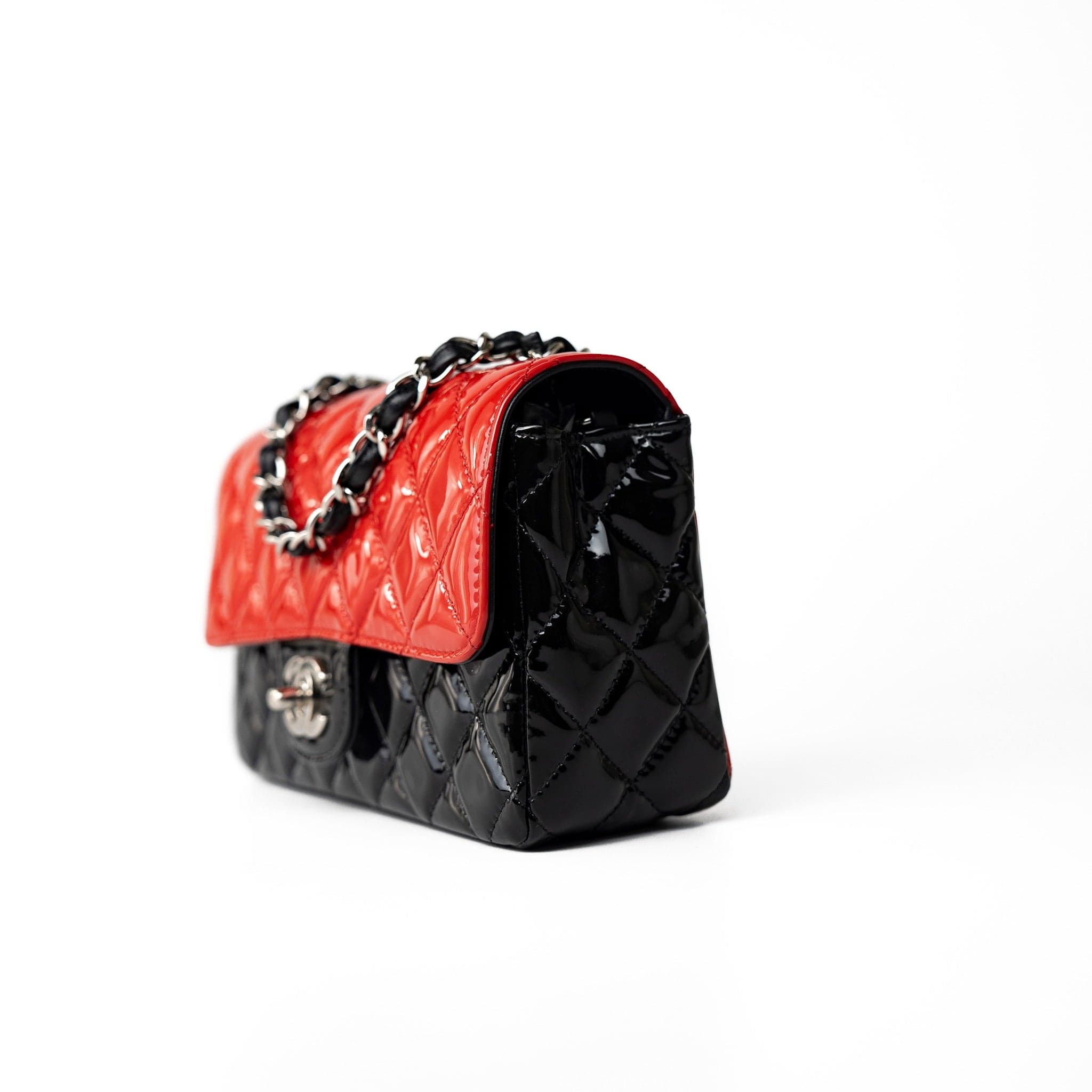 CHANEL Handbag Red Red | Black Patent Quilted Mini rectangular Single Flap Silver Hardware -Knockoff
