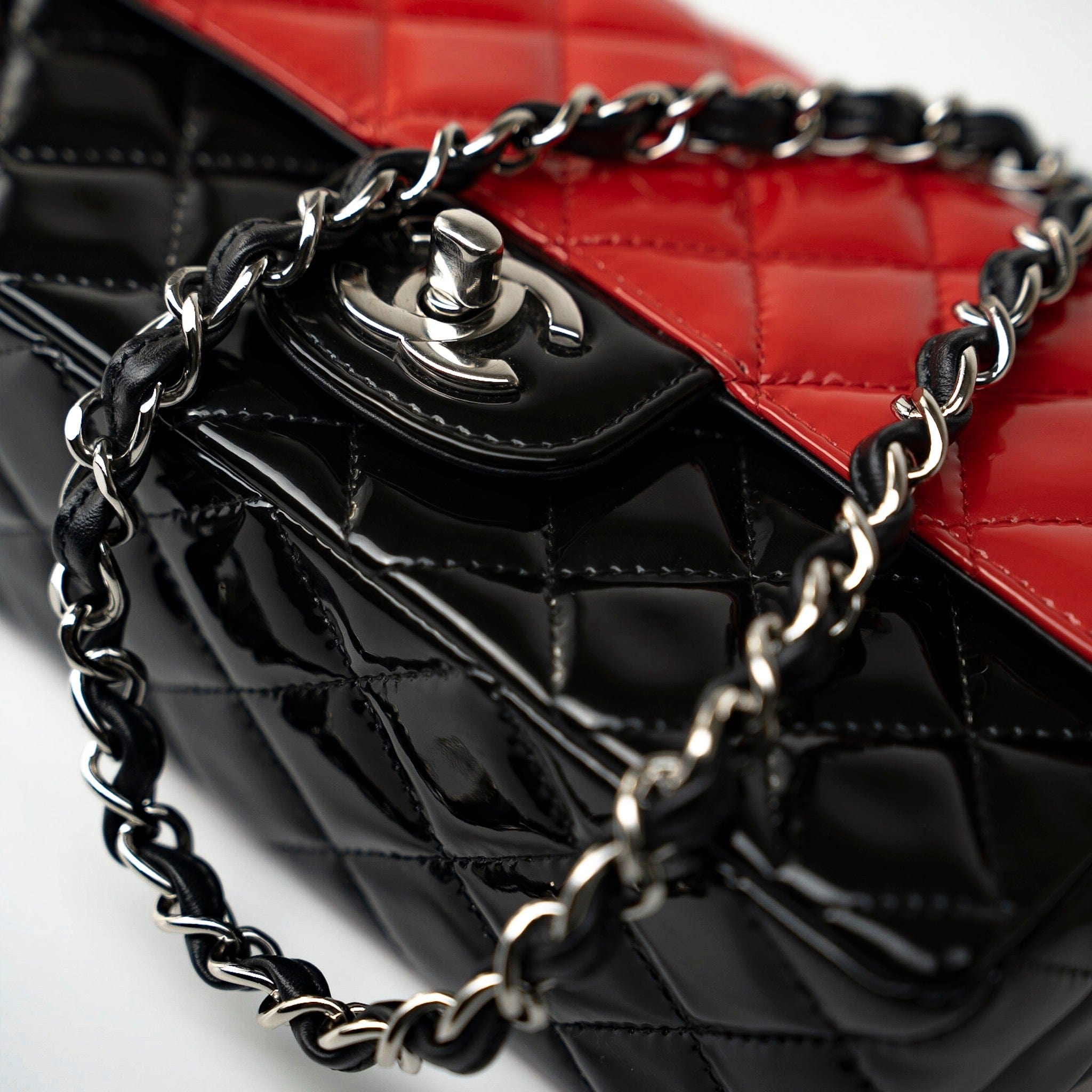 CHANEL Handbag Red Red | Black Patent Quilted Mini rectangular Single Flap Silver Hardware -Knockoff
