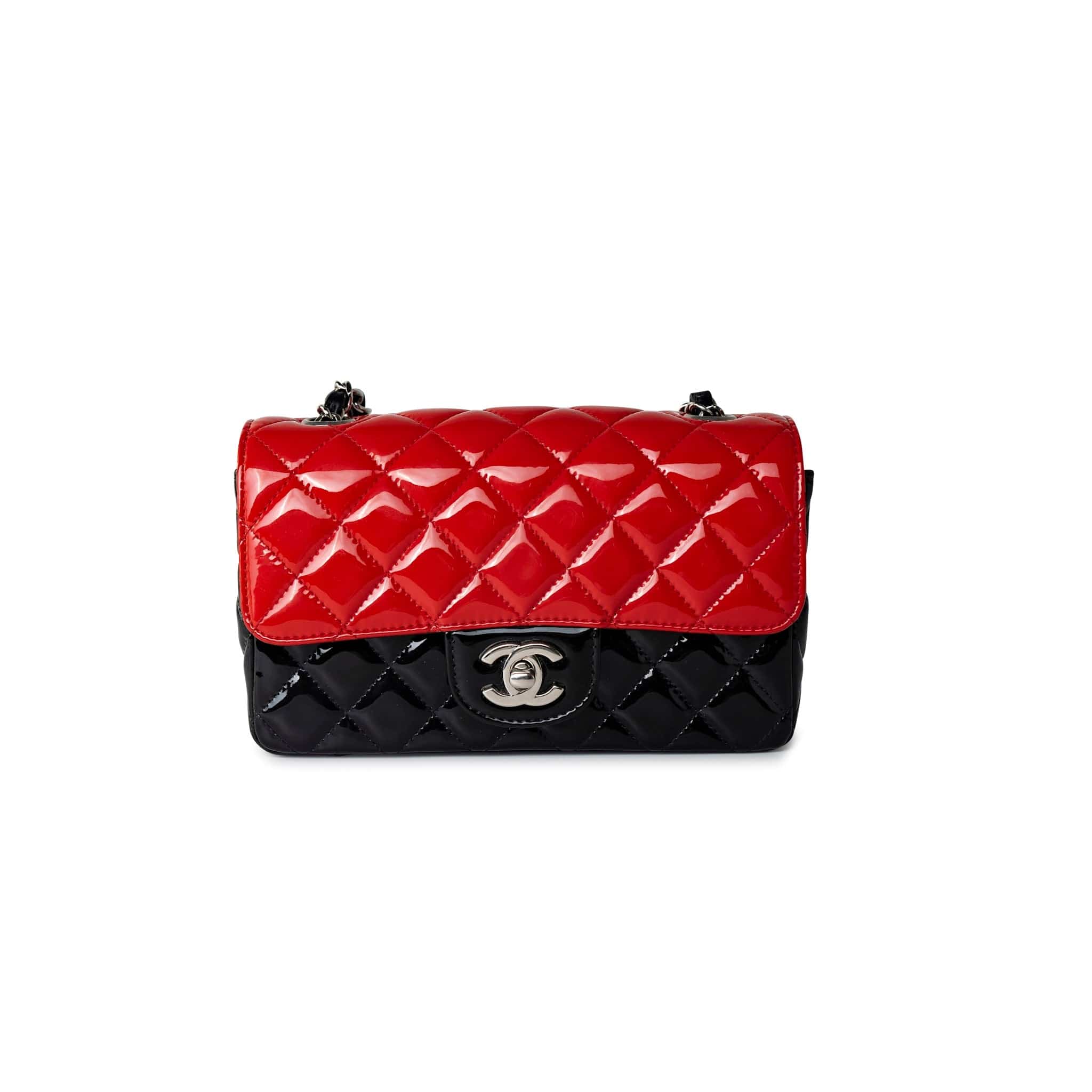 CHANEL Handbag Red Red | Black Patent Quilted Mini rectangular Single Flap Silver Hardware -Knockoff
