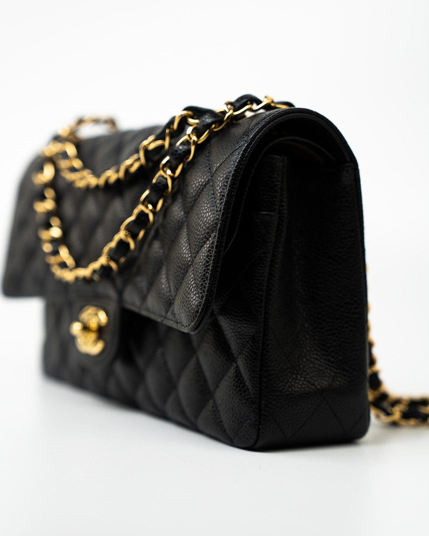 CHANEL Handbag (Rev) Medium Black Caviar Quilted Classic Flap Gold Hardware -Knockoff
