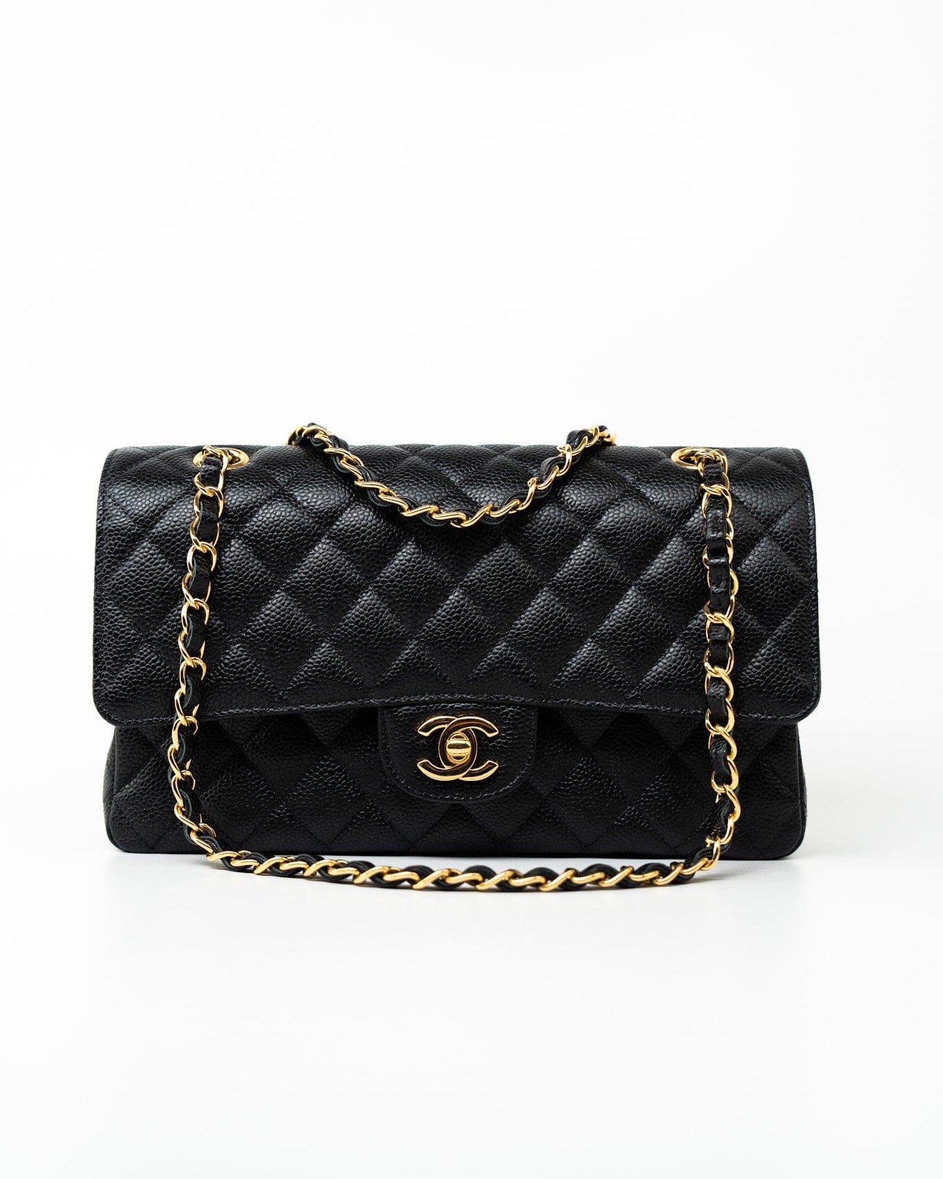 CHANEL Handbag (Rev) Medium Black Caviar Quilted Classic Flap Gold Hardware -Knockoff
