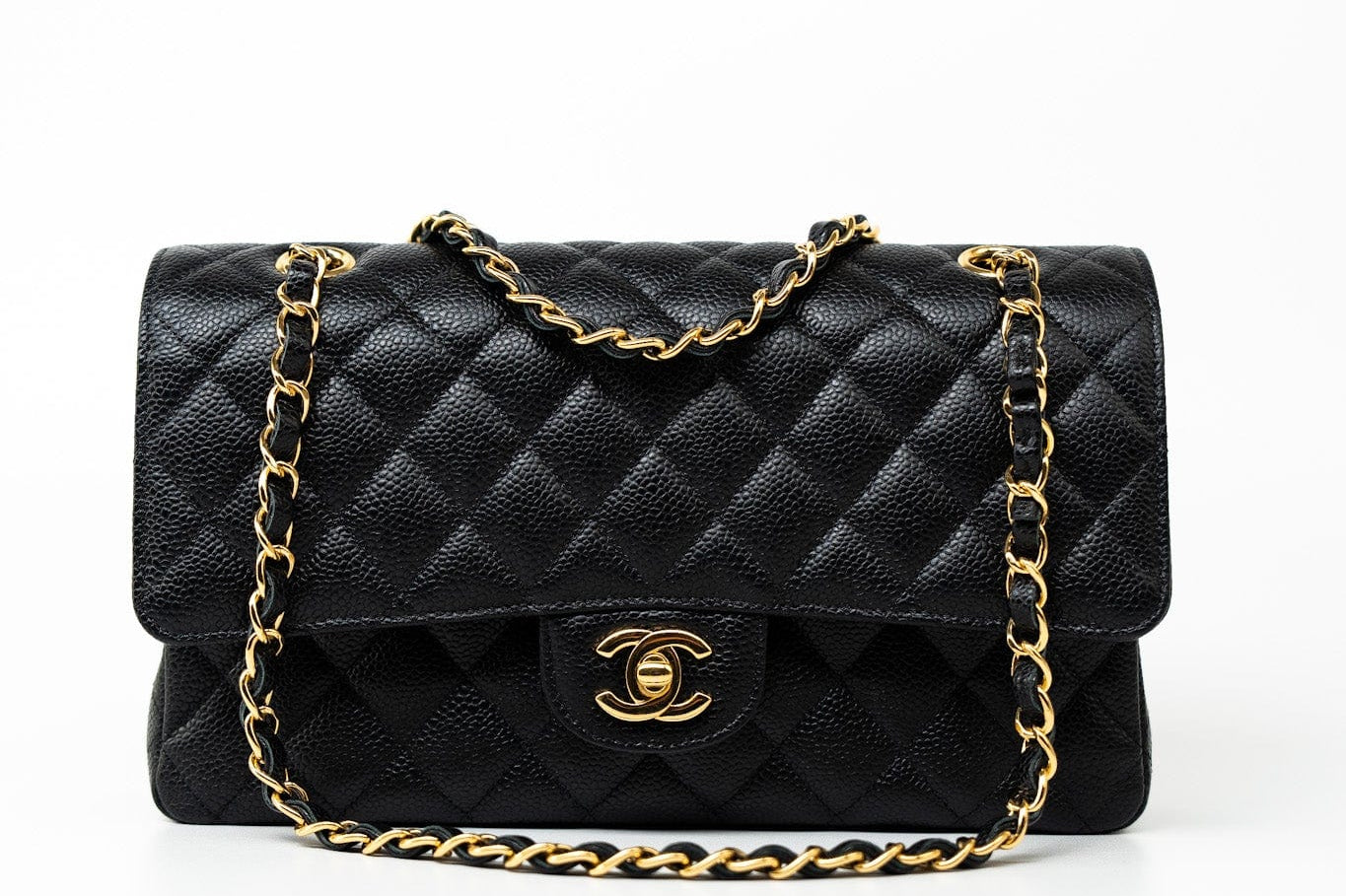 CHANEL Handbag (Rev) Medium Black Caviar Quilted Classic Flap Gold Hardware -Knockoff
