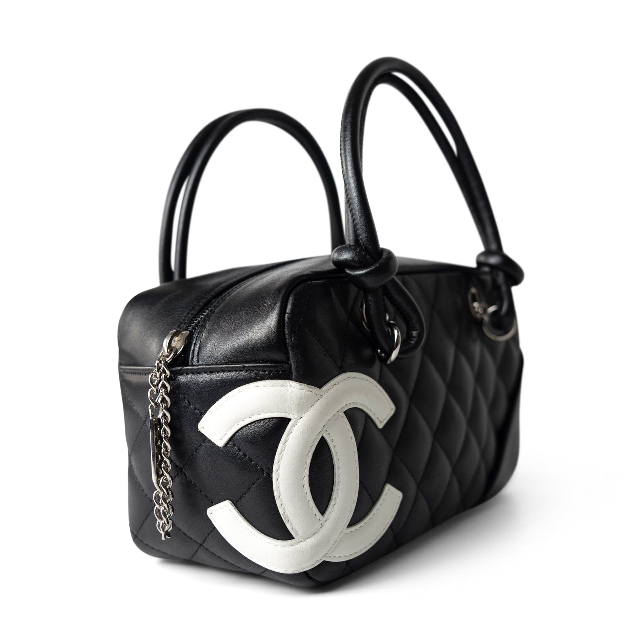 CHANEL Handbag Seasonal / Black Black Calfskin Quilted Small Cambon Bowler Silver Hardware (Pink Interior) -Knockoff
