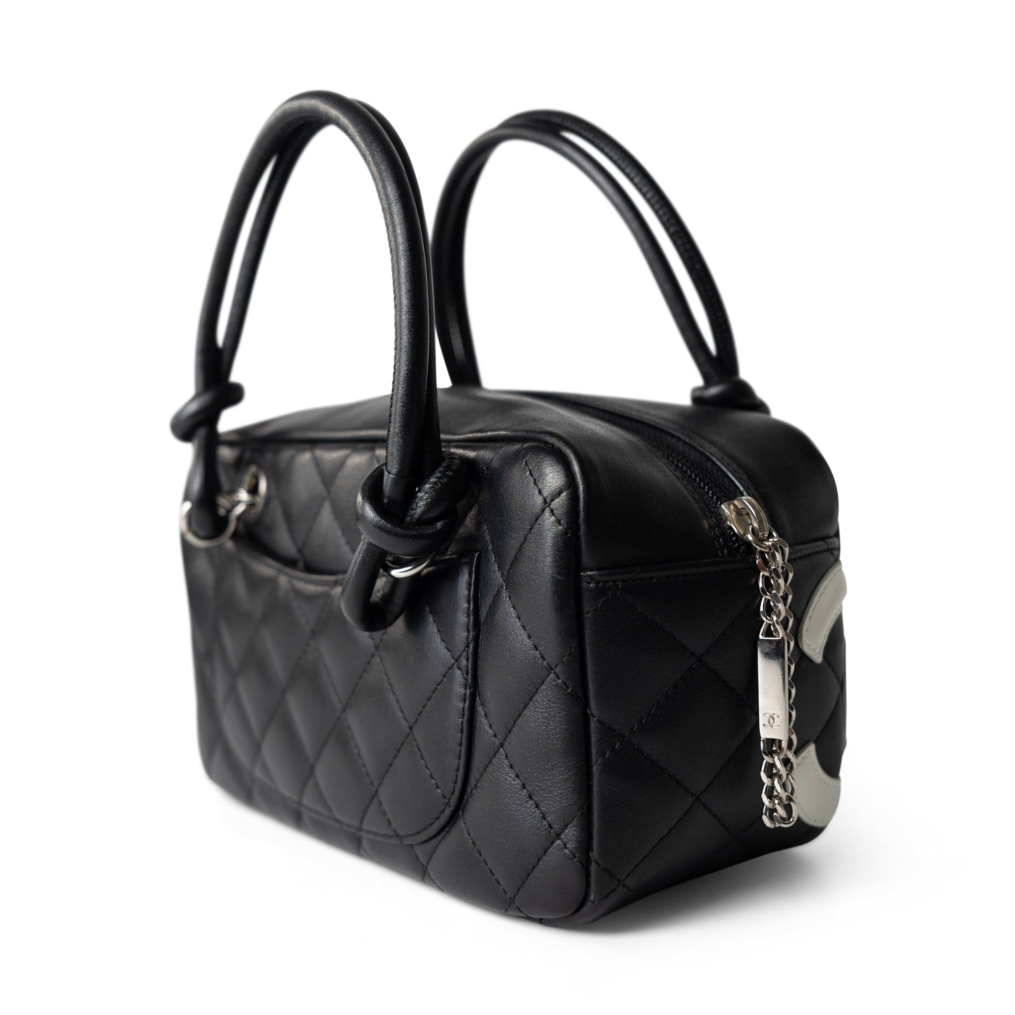 CHANEL Handbag Seasonal / Black Black Calfskin Quilted Small Cambon Bowler Silver Hardware (Pink Interior) -Knockoff
