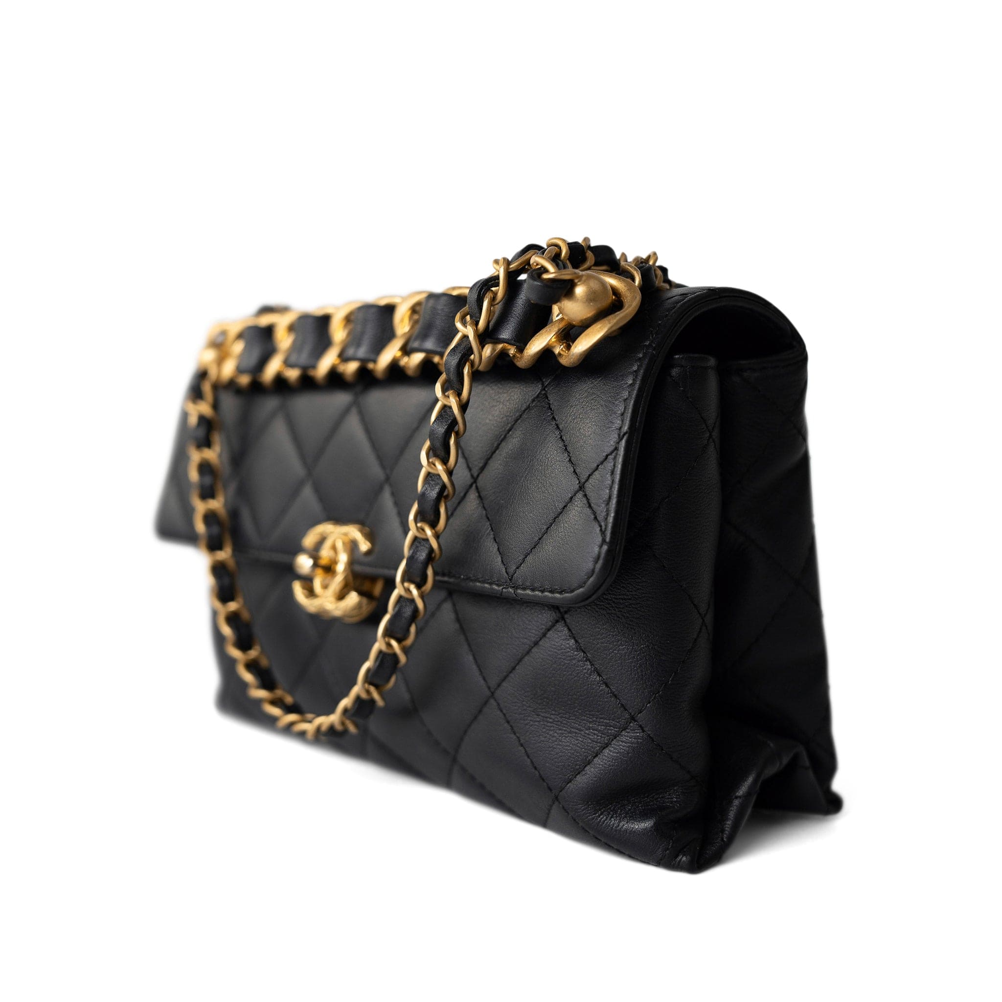 CHANEL Handbag Seasonal / Black Black Lambskin Quilted Chain Infinity Single Flap Antique Gold Hardware -Knockoff
