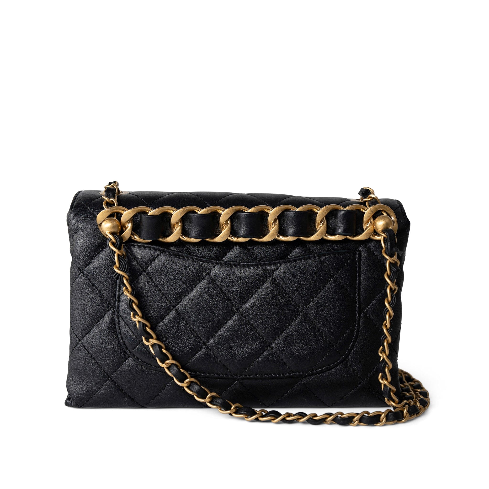 CHANEL Handbag Seasonal / Black Black Lambskin Quilted Chain Infinity Single Flap Antique Gold Hardware -Knockoff
