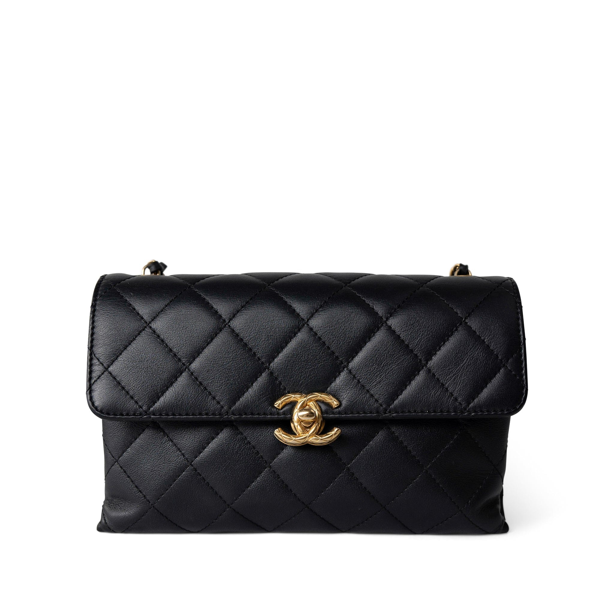 CHANEL Handbag Seasonal / Black Black Lambskin Quilted Chain Infinity Single Flap Antique Gold Hardware -Knockoff
