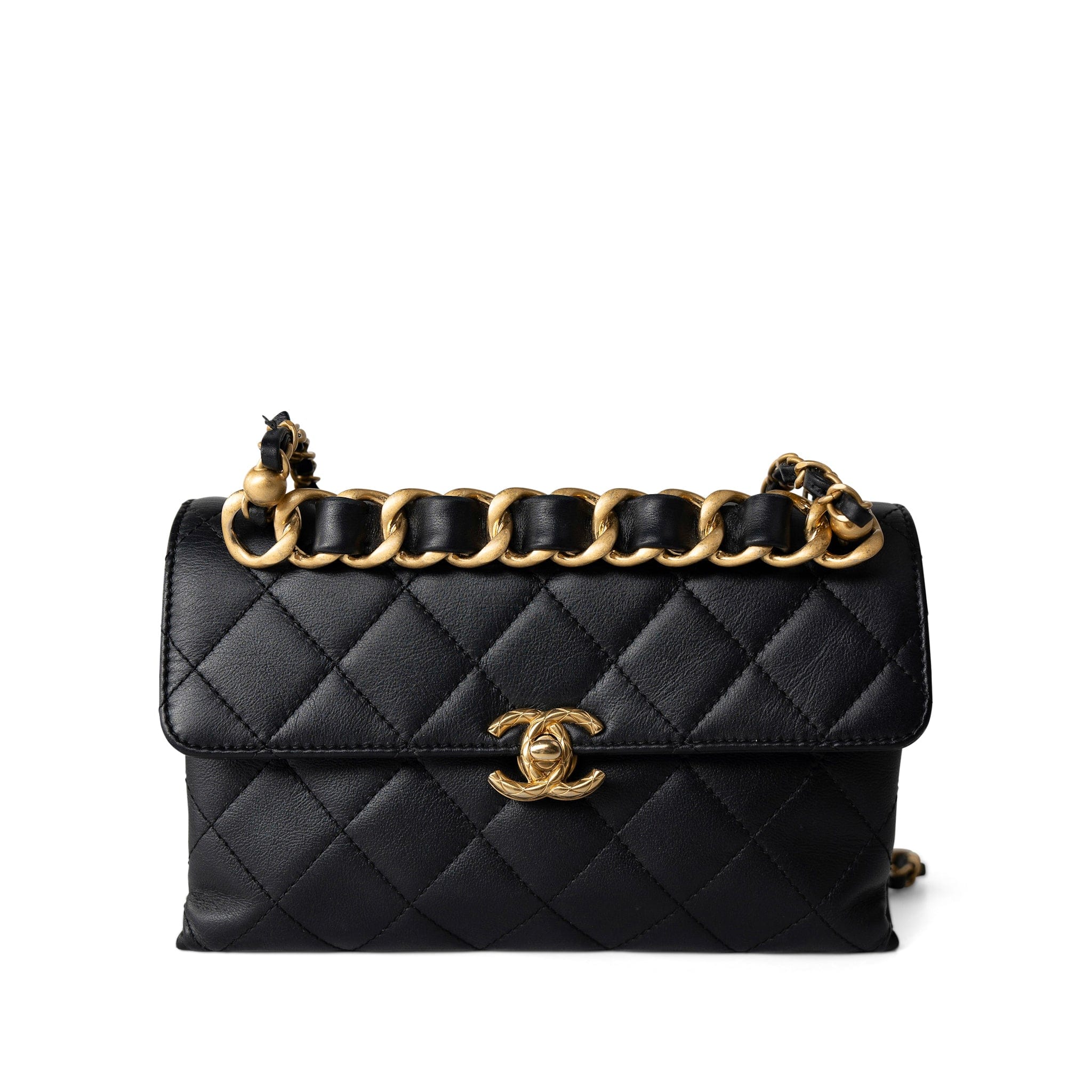 CHANEL Handbag Seasonal / Black Black Lambskin Quilted Chain Infinity Single Flap Antique Gold Hardware -Knockoff
