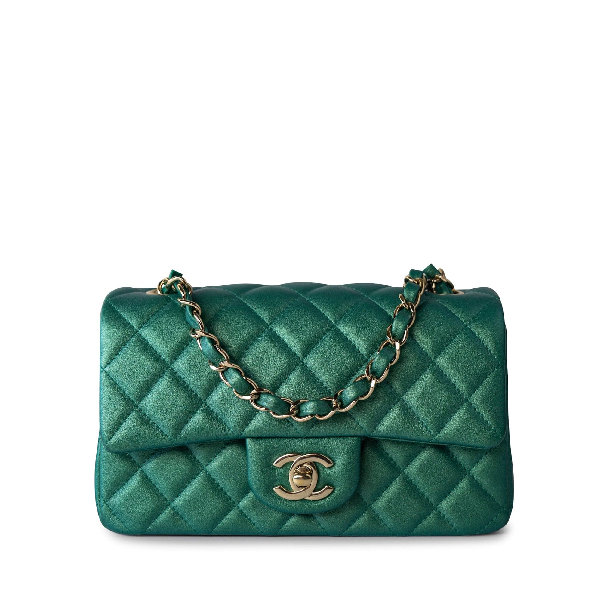 CHANEL Handbag Single flap / Green 22A Iridescent Green Lambskin Quilted Mini Rectangular Single Flap Light Gold Hardware -Knockoff
