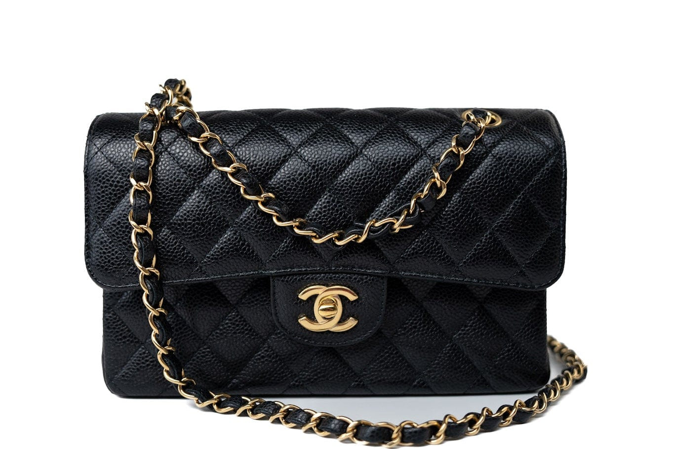 CHANEL Handbag Small Black Caviar Quilted Classic Flap Gold Hardware -Knockoff
