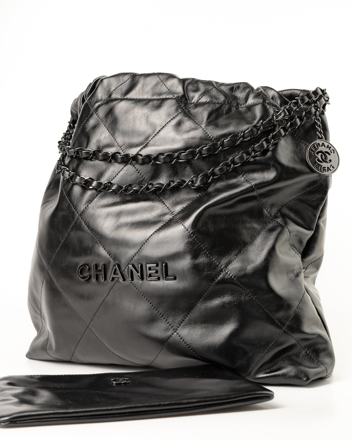 CHANEL Handbag So Black Calfskin Quilted Drawstring 22 Bag medium Black Hardware -Knockoff
