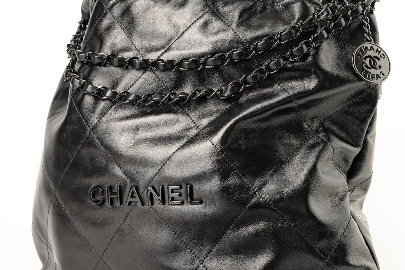 CHANEL Handbag So Black Calfskin Quilted Drawstring 22 Bag medium Black Hardware -Knockoff
