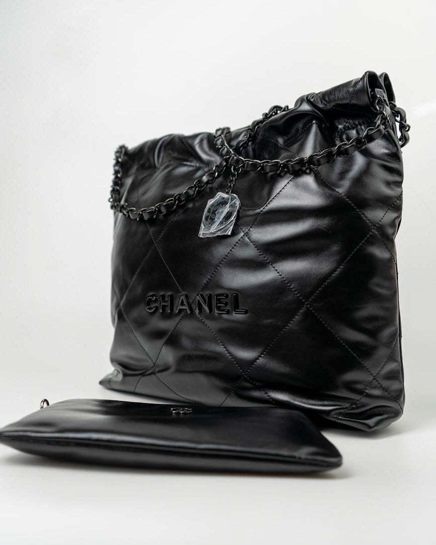 CHANEL Handbag So Black Calfskin Quilted Drawstring 22 Bag small Black Hardware -Knockoff
