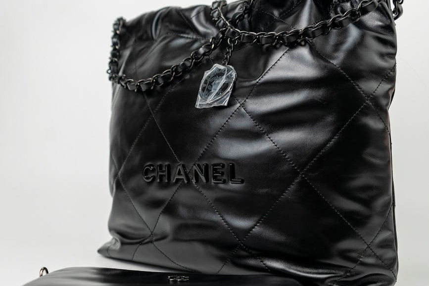 CHANEL Handbag So Black Calfskin Quilted Drawstring 22 Bag small Black Hardware -Knockoff
