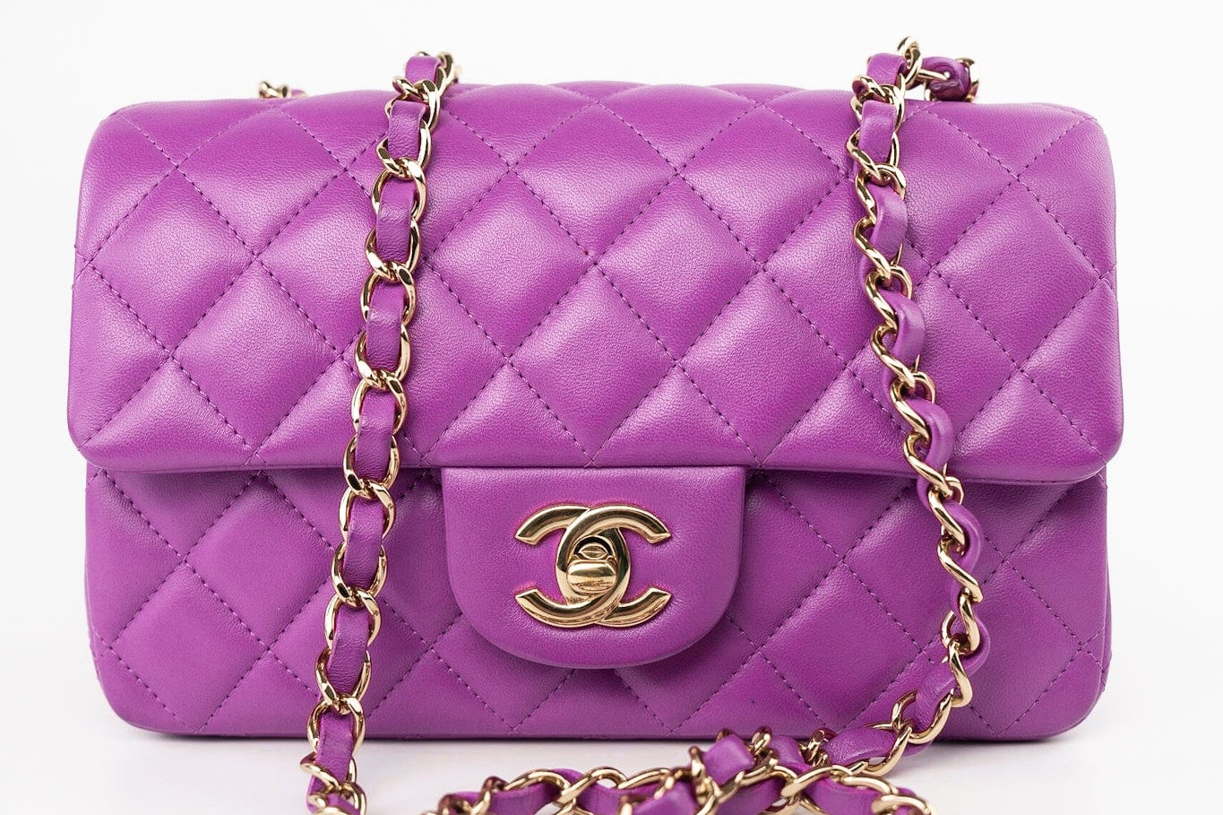 CHANEL Handbag Violet/ Purple Lambskin Quilted Mini Rectangular Single Flap Bag Light Gold Hardware -Knockoff
