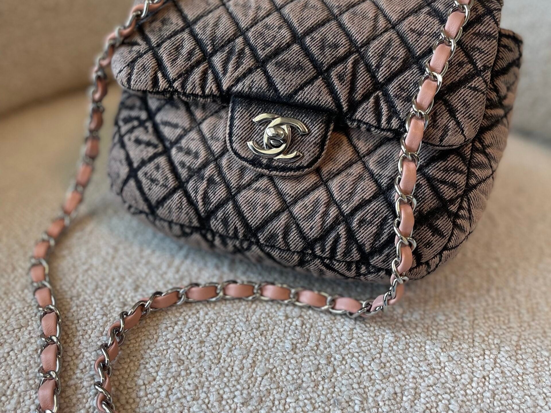 CHANEL Handbag Washed Denim Quilted Small Denimpression Flap Rose Clair Silver Hardware -Knockoff
