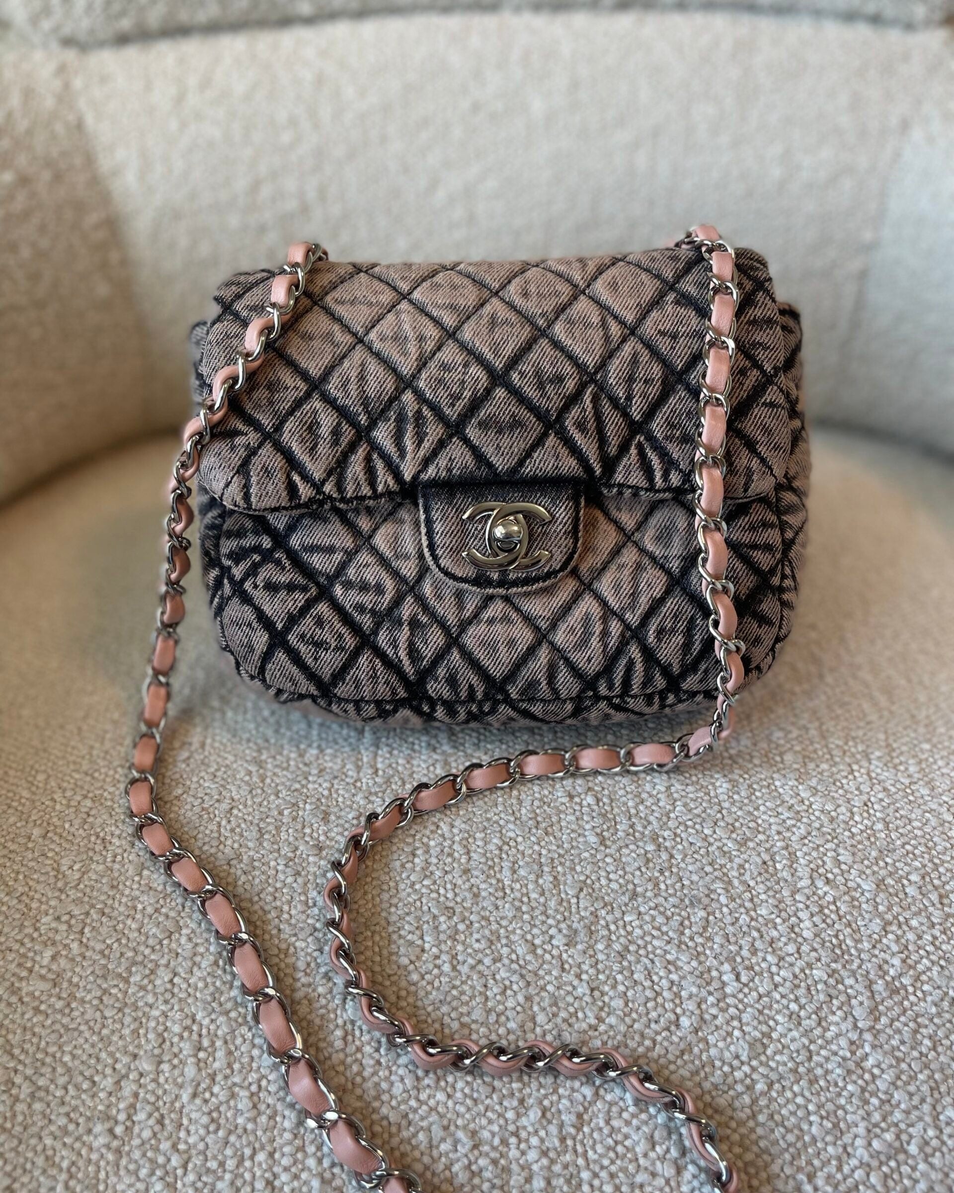 CHANEL Handbag Washed Denim Quilted Small Denimpression Flap Rose Clair Silver Hardware -Knockoff
