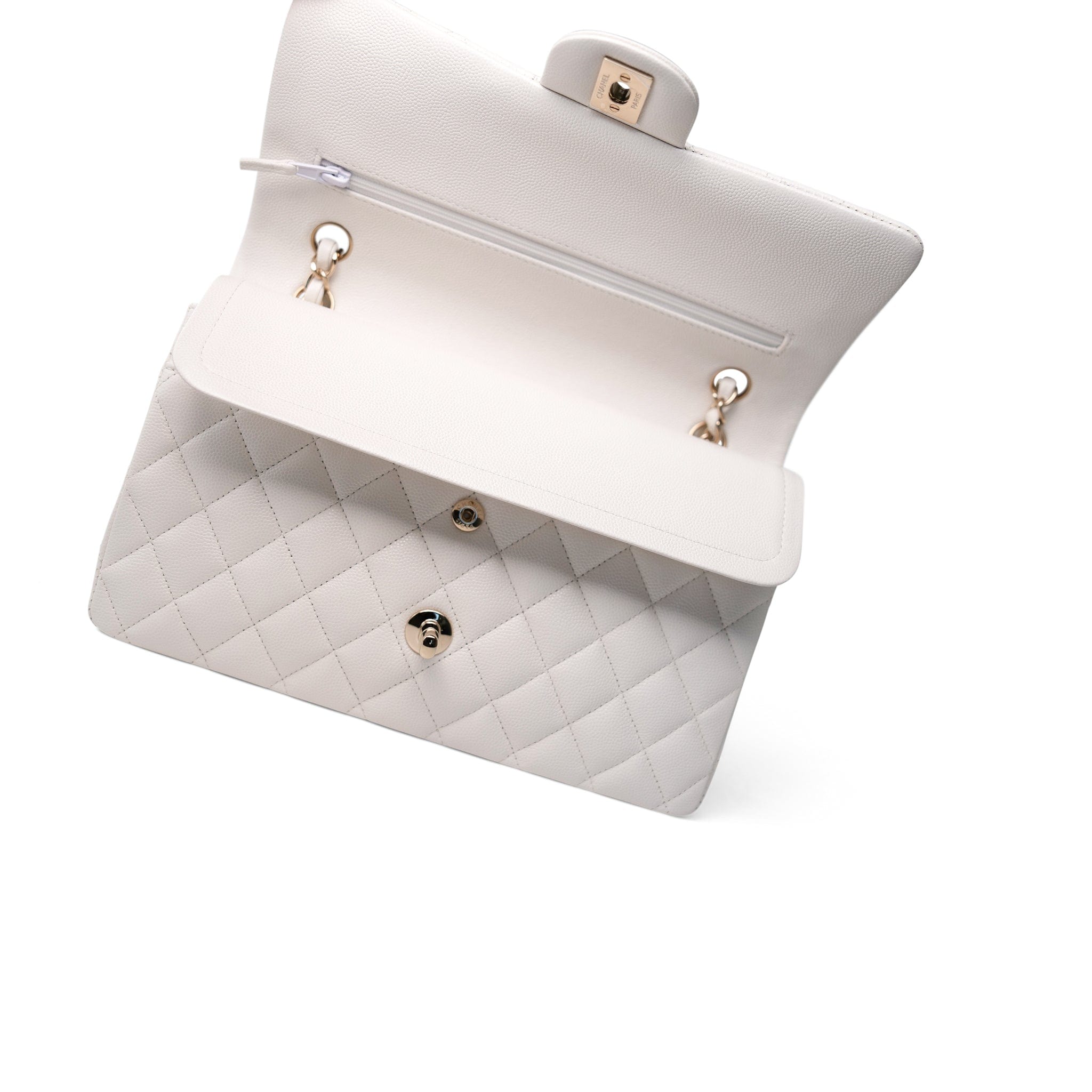 CHANEL Handbag White 21C White Caviar Quilted Classic Flap Medium Light Gold Hardware -Knockoff
