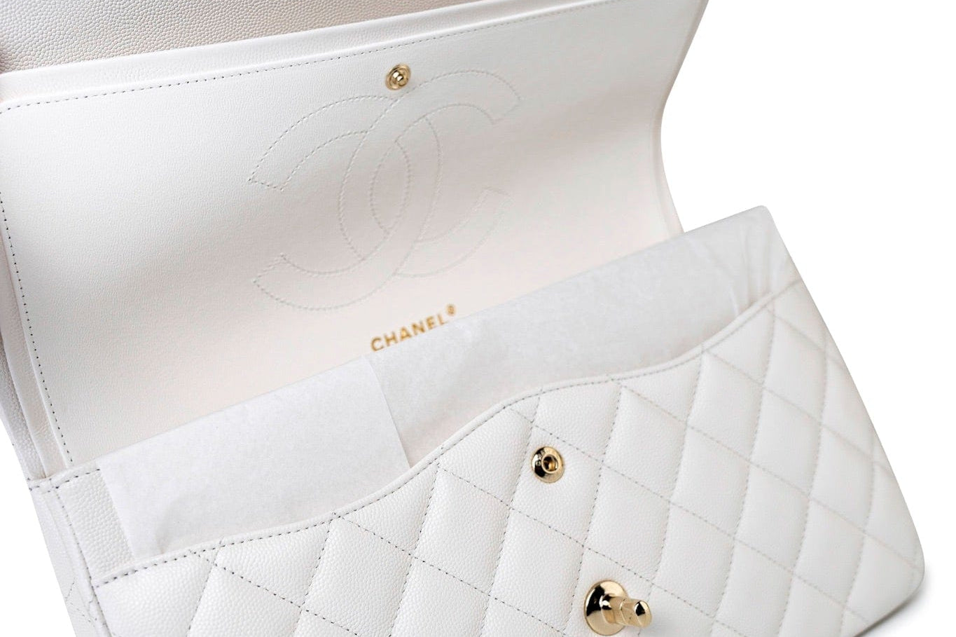 CHANEL Handbag White 21S Jumbo White Caviar Quilted Classic Flap Light Gold Hardware -Knockoff
