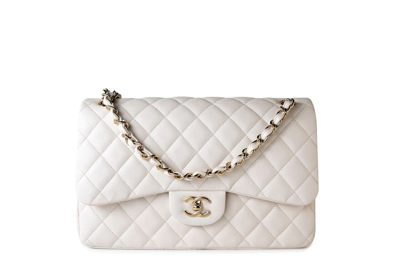 CHANEL Handbag White 21S Jumbo White Caviar Quilted Classic Flap Light Gold Hardware -Knockoff
