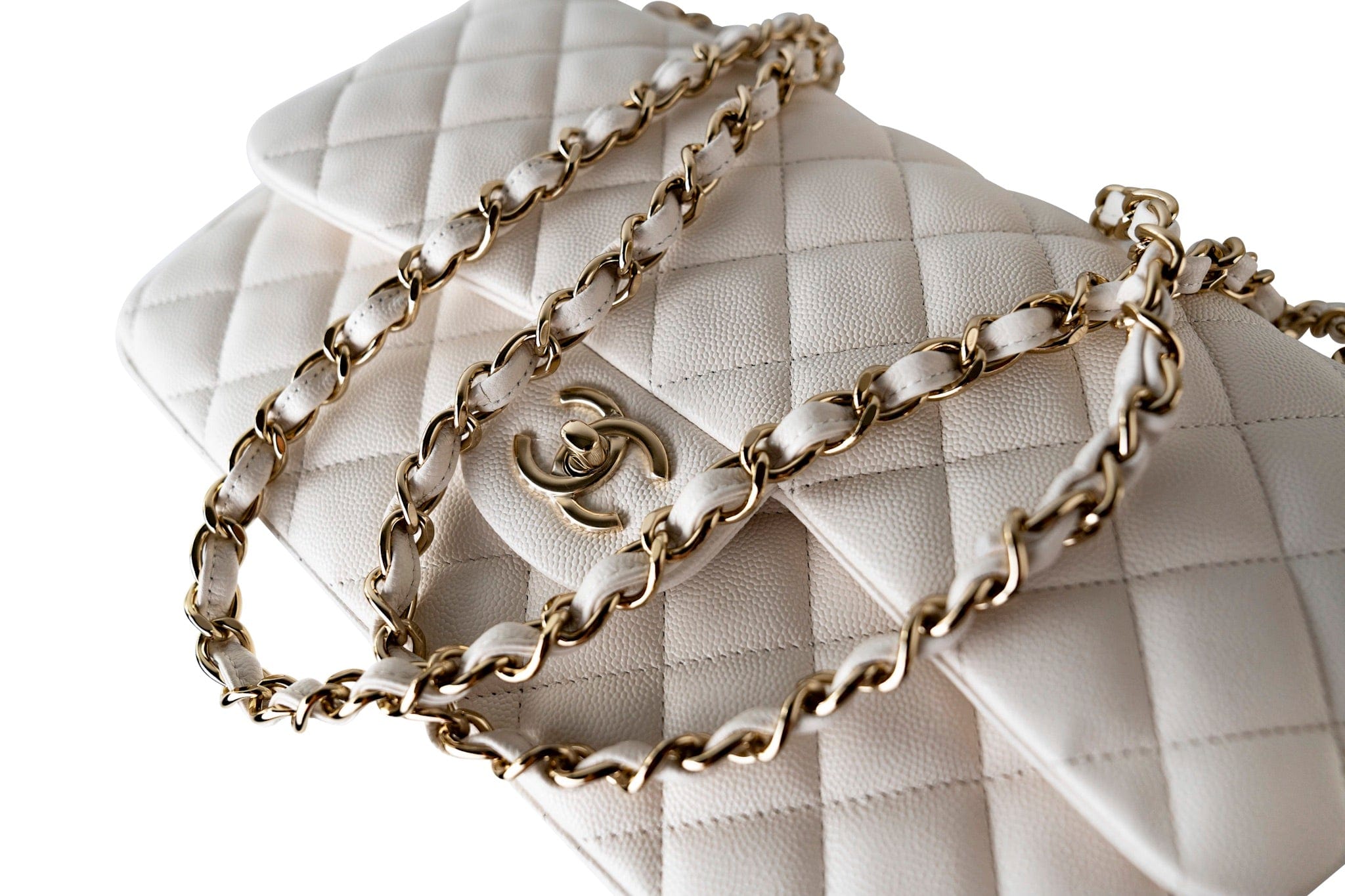 CHANEL Handbag White 21S Jumbo White Caviar Quilted Classic Flap Light Gold Hardware -Knockoff
