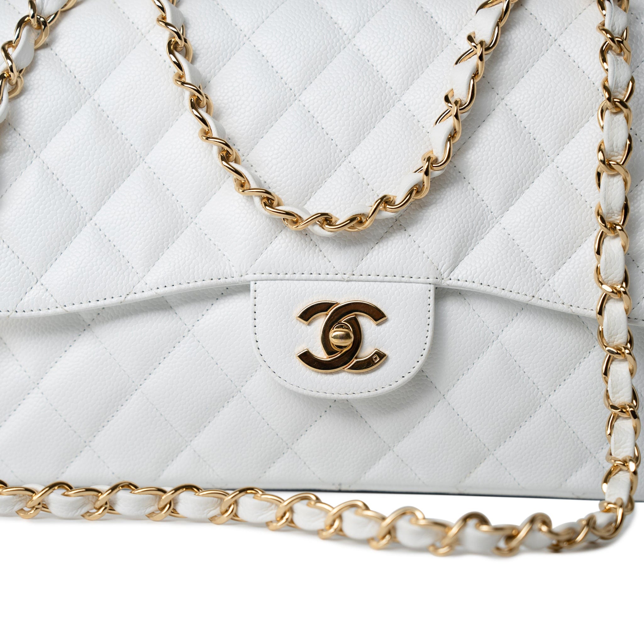 CHANEL Handbag White Caviar Quilted Jumbo Single Flap Gold Hardware -Knockoff
