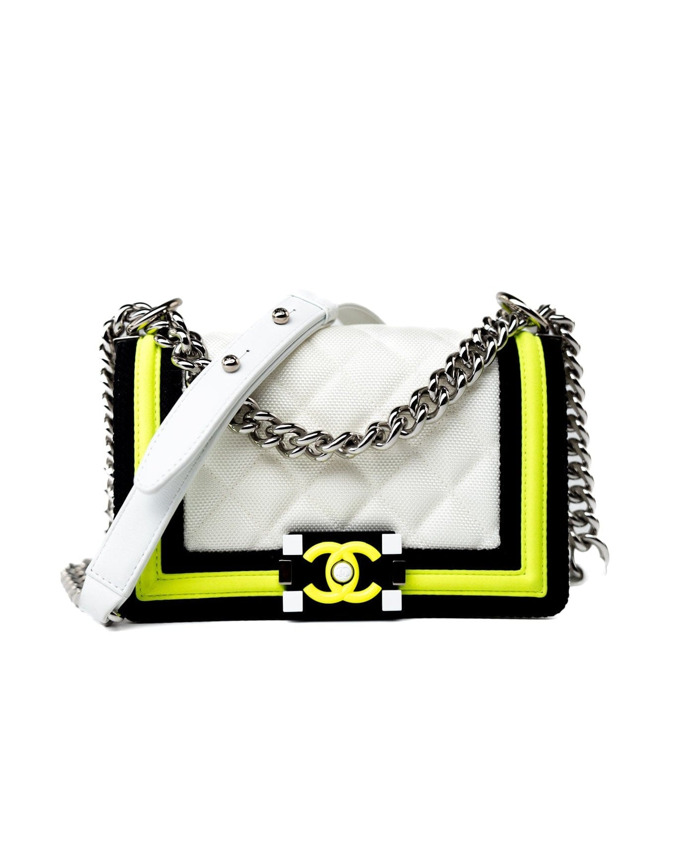 CHANEL Handbag White Small Fluo Boy Flap Nylon Quilted White Black Yellow -Knockoff
