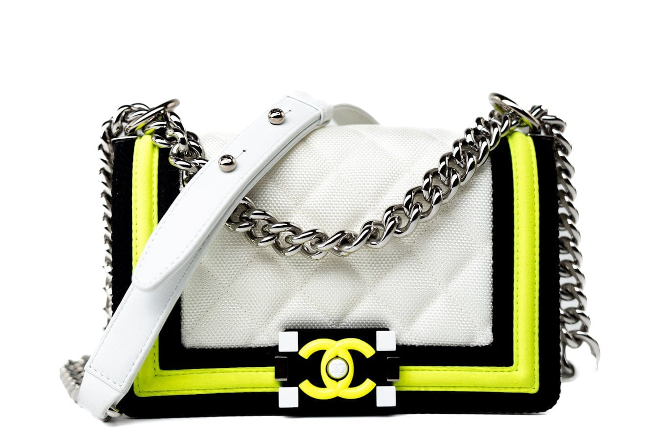 CHANEL Handbag White Small Fluo Boy Flap Nylon Quilted White Black Yellow -Knockoff
