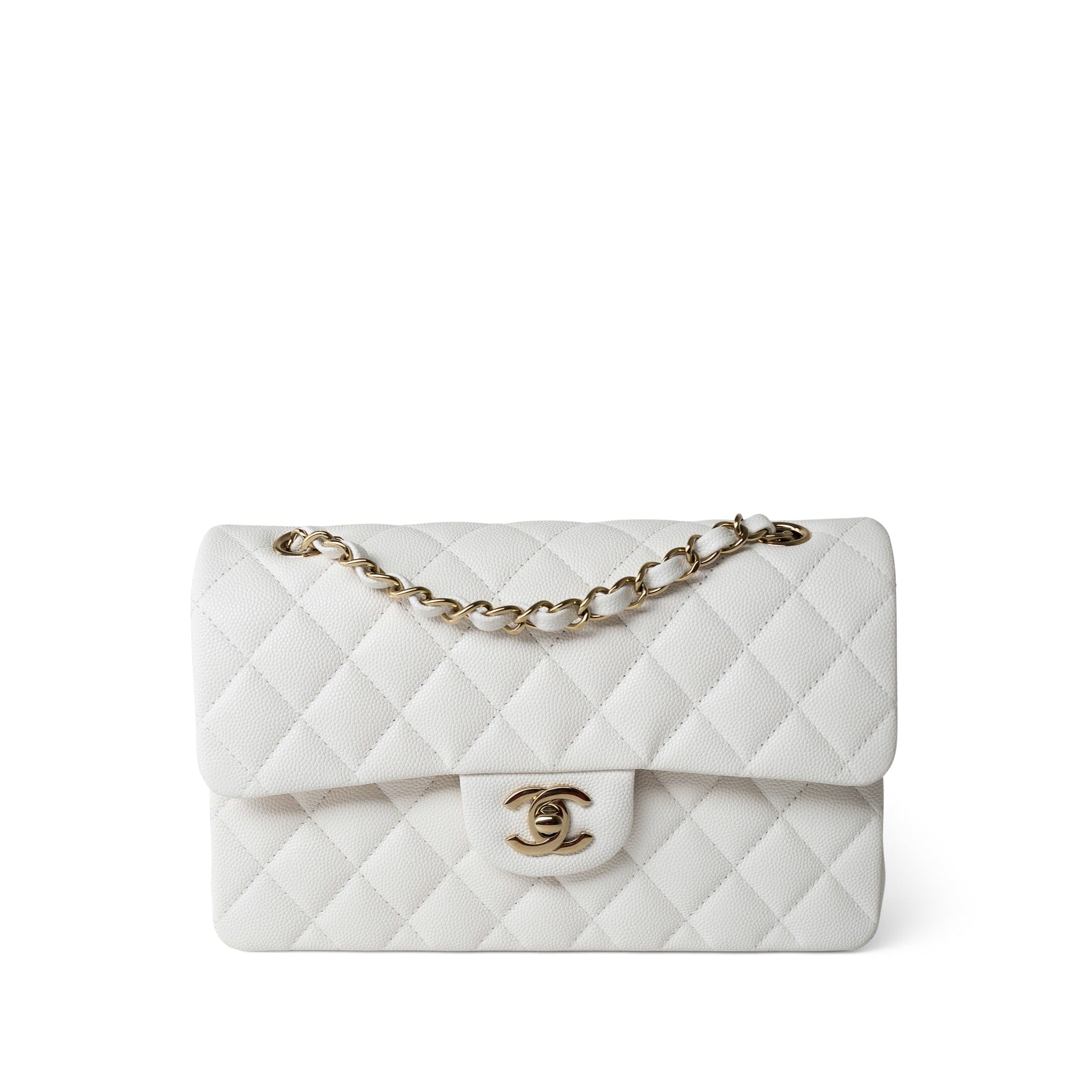 CHANEL Handbag White White Caviar Quilted Classic Flap Small Light Gold Hardware -Knockoff
