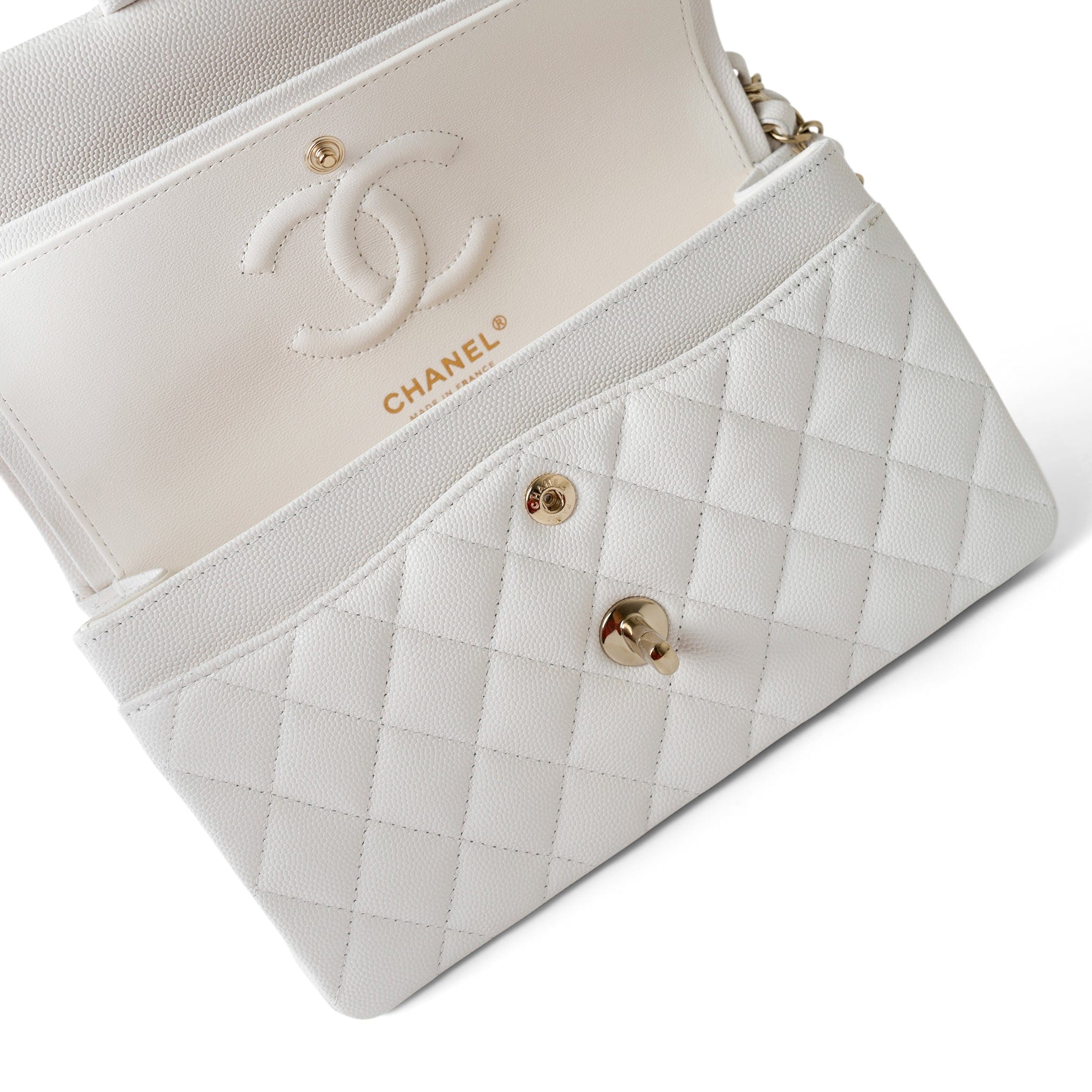 CHANEL Handbag White White Caviar Quilted Classic Flap Small Light Gold Hardware -Knockoff
