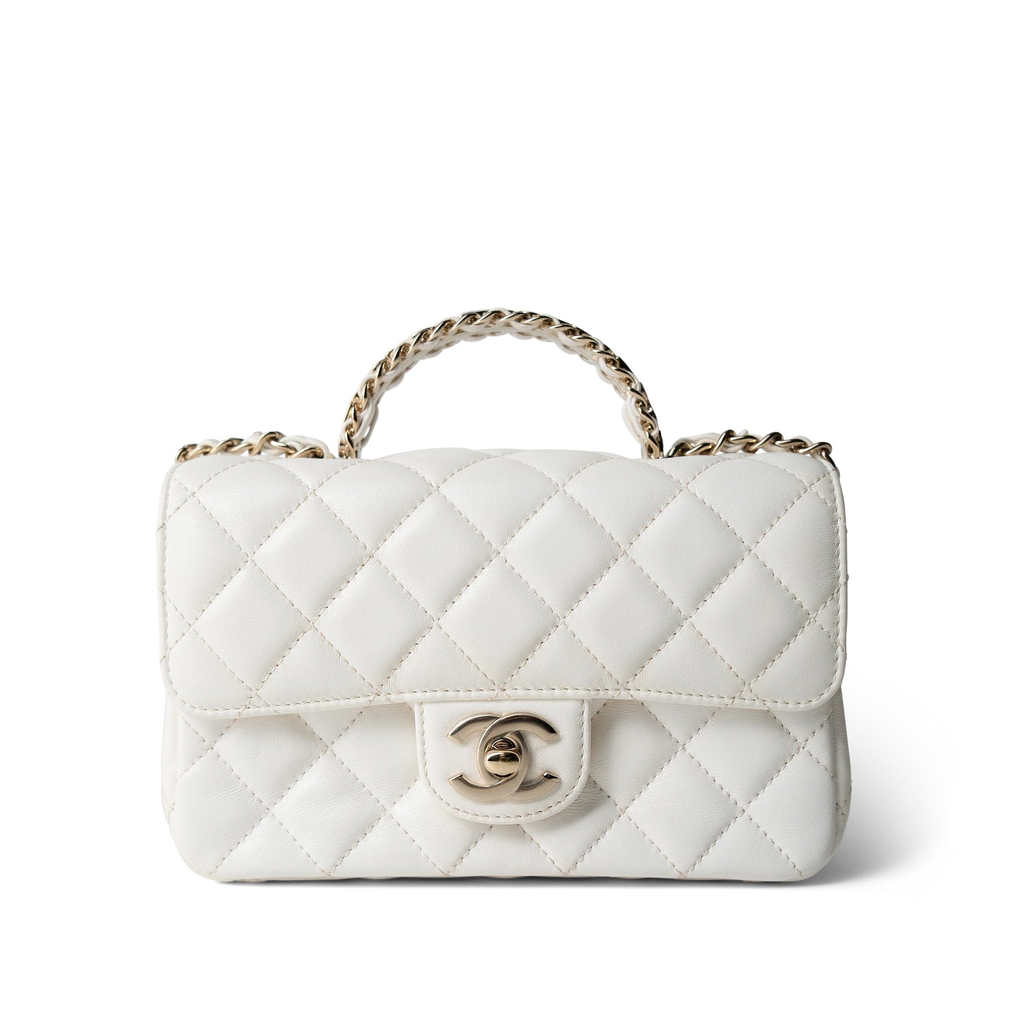 CHANEL Handbag White White Lambskin Quilted Crystal Top Handle Flap Light Gold Hardware -Knockoff
