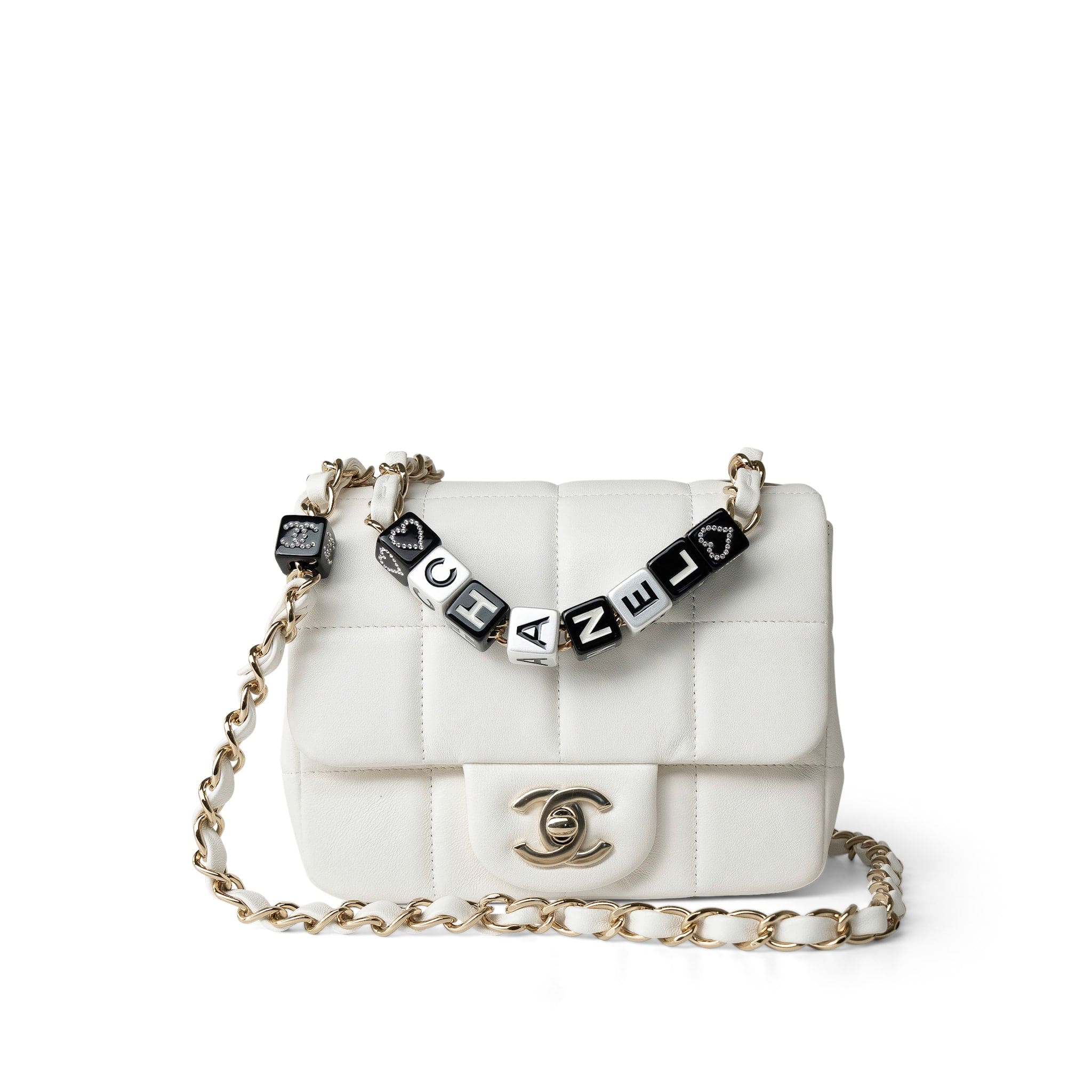 CHANEL Handbag White White Lambskin Resin Crystal Square Quilted Monacoco Mini Square Flap -Knockoff
