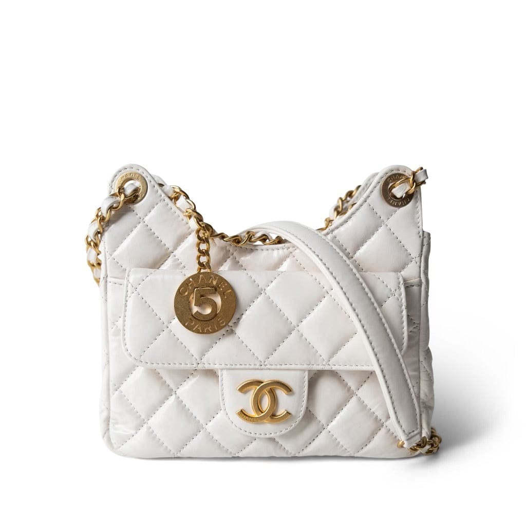 CHANEL Handbag White White Shiny Crumpled Calfskin Hobo Bag Small Aged Gold Hardware -Knockoff
