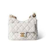 CHANEL Handbag White White Shiny Crumpled Calfskin Hobo Bag Small Aged Gold Hardware -Knockoff
