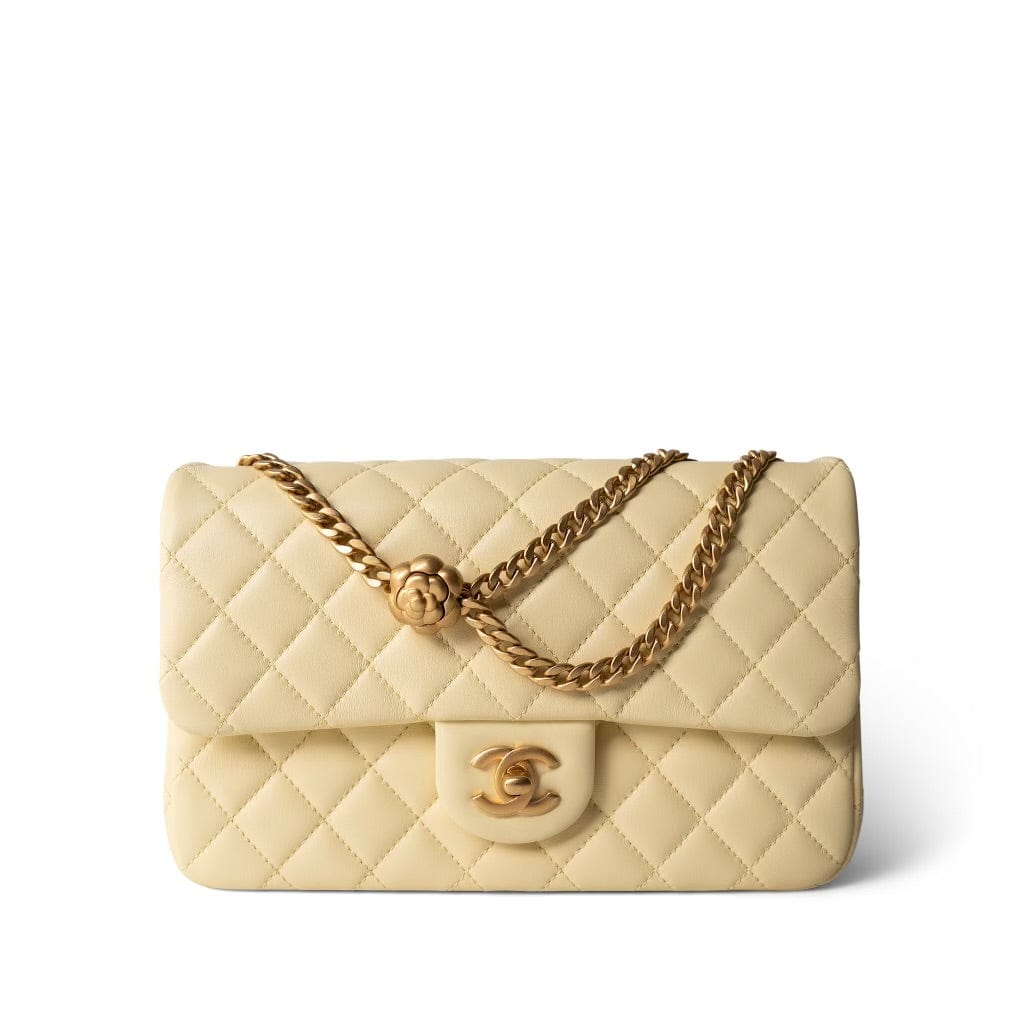 CHANEL Handbag Yellow 23S Light Yellow Lambskin Quilted Sweet Camelia Medium Single Flap Aged Gold Hardware -Knockoff
