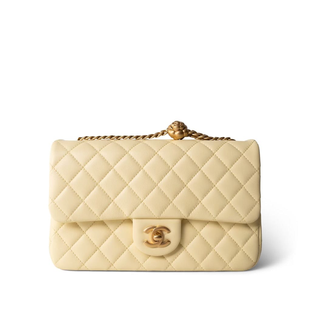 CHANEL Handbag Yellow 23S Light Yellow Lambskin Quilted Sweet Camelia Medium Single Flap Aged Gold Hardware -Knockoff
