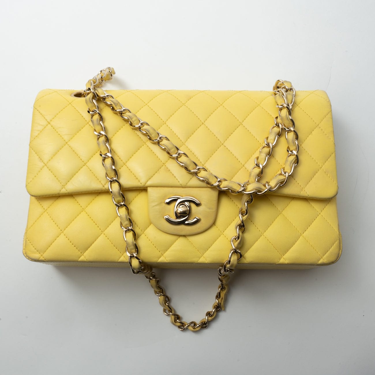 CHANEL Handbag Yellow Lambskin Quilted Double Classic Flap Medium Light Gold Hardware -Knockoff
