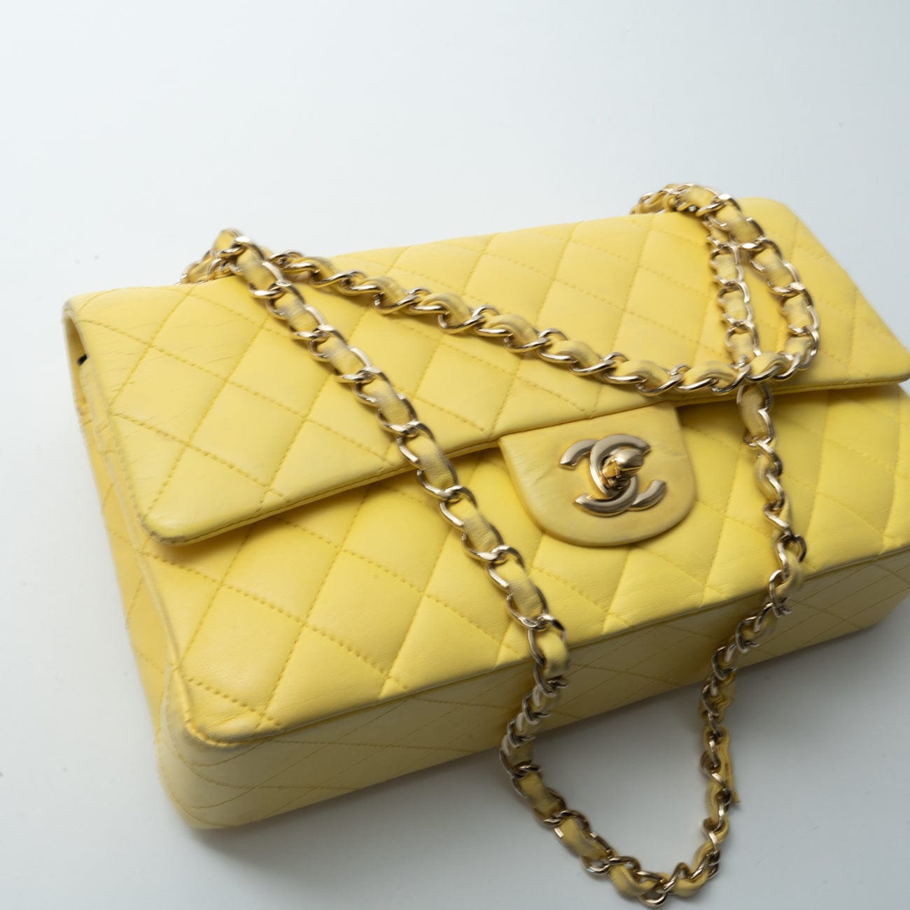 CHANEL Handbag Yellow Lambskin Quilted Double Classic Flap Medium Light Gold Hardware -Knockoff
