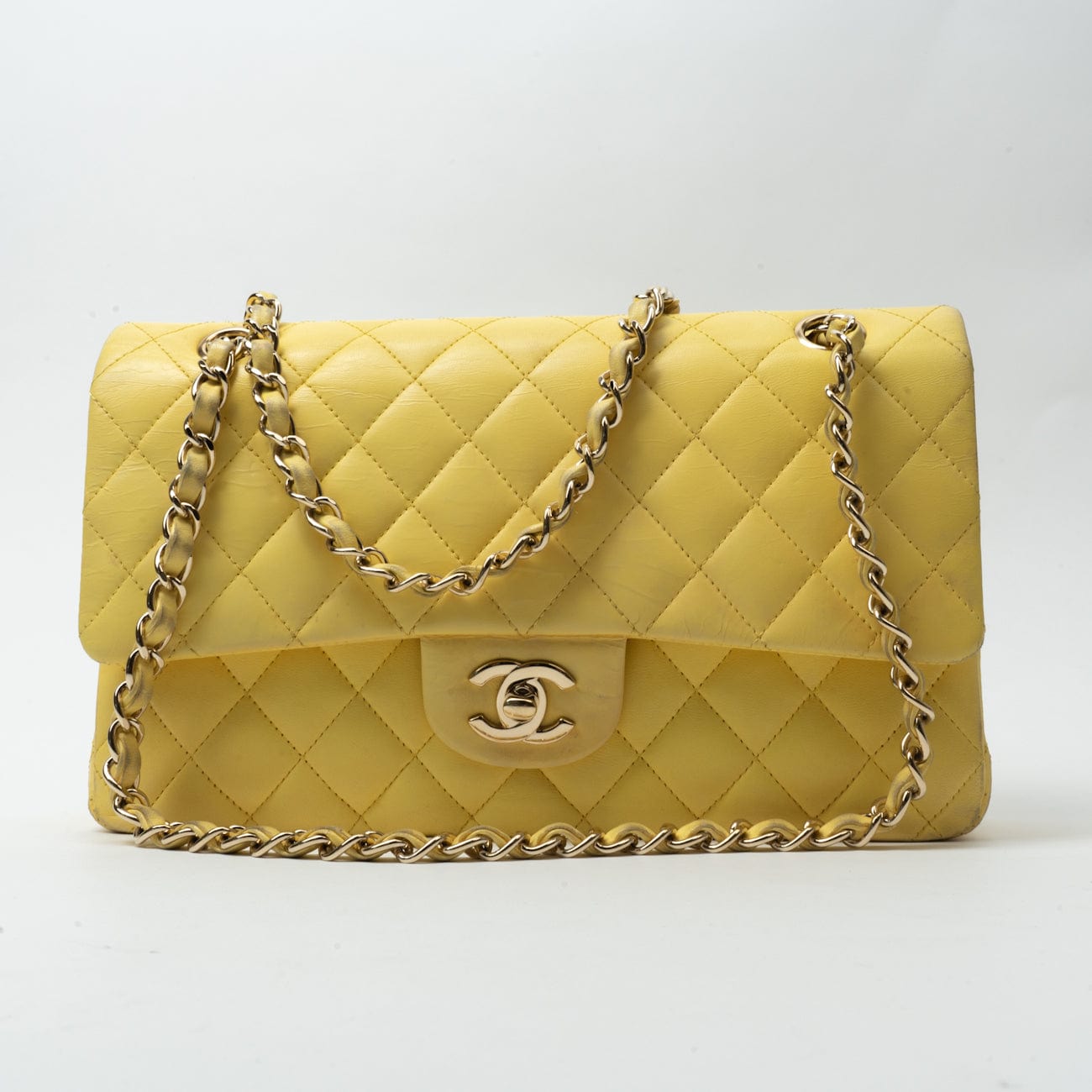 CHANEL Handbag Yellow Lambskin Quilted Double Classic Flap Medium Light Gold Hardware -Knockoff
