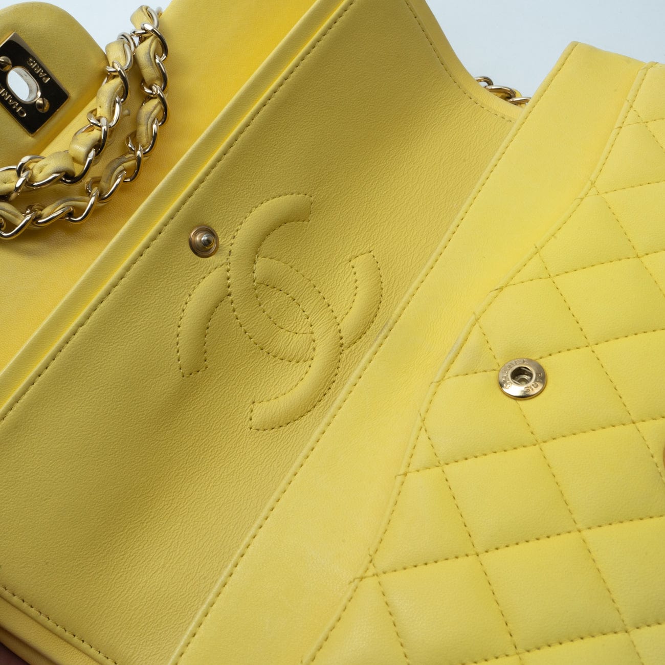 CHANEL Handbag Yellow Lambskin Quilted Double Classic Flap Medium Light Gold Hardware -Knockoff
