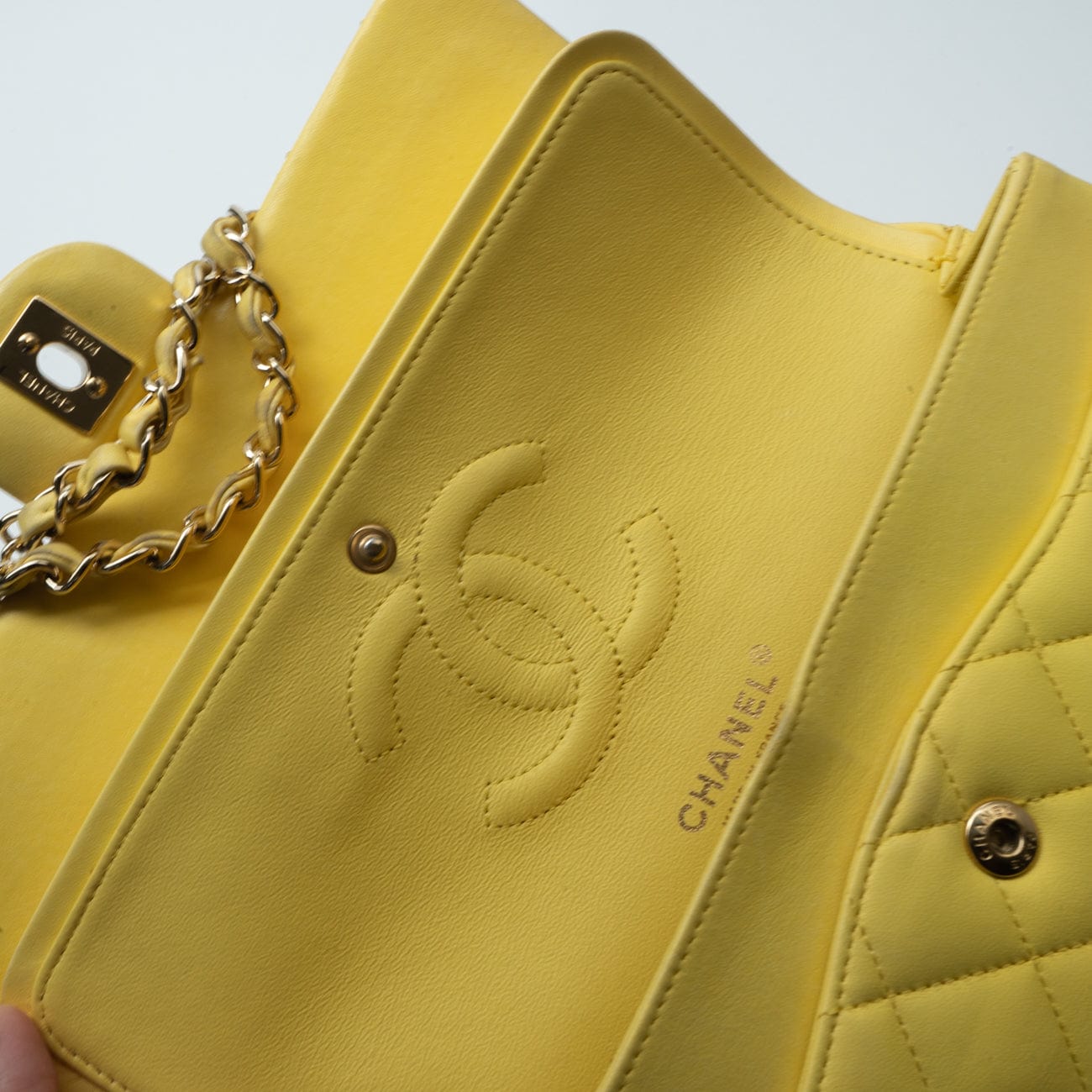 CHANEL Handbag Yellow Lambskin Quilted Double Classic Flap Medium Light Gold Hardware -Knockoff
