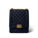 CHANEL Navy Navy Caviar Quilted North South Boy Bag Aged Gold Hardware -Knockoff
