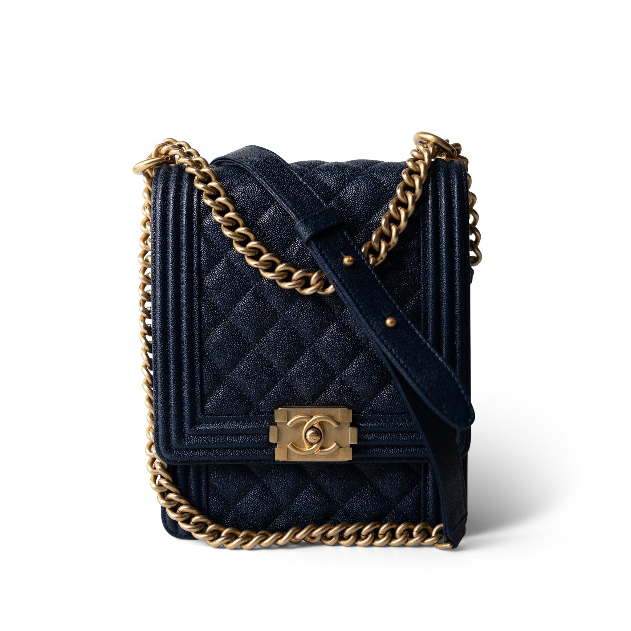 CHANEL Navy Navy Caviar Quilted North South Boy Bag Aged Gold Hardware -Knockoff
