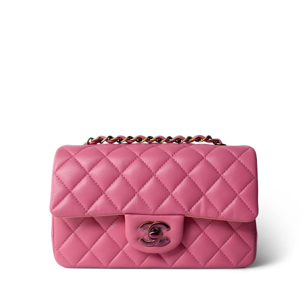 CHANEL Pink 21P Pink Lambskin Quilted Mini Rectangular Flap Rainbow Hardware -Knockoff
