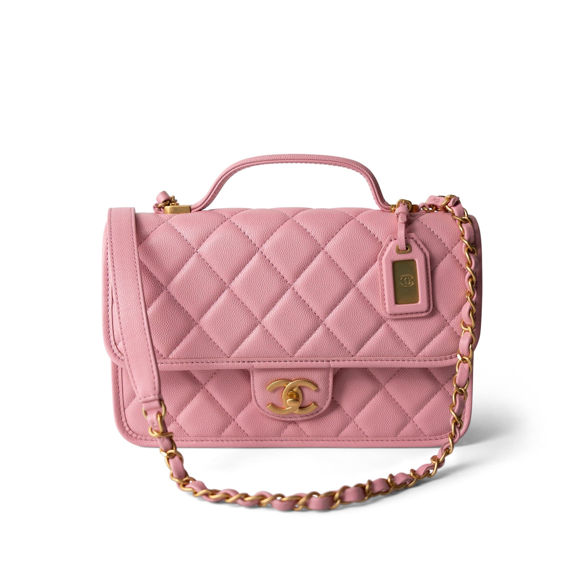 CHANEL Pink 22K Pink Caviar Quilted School Memory Top Handle Flap Aged Gold Hardware -Knockoff
