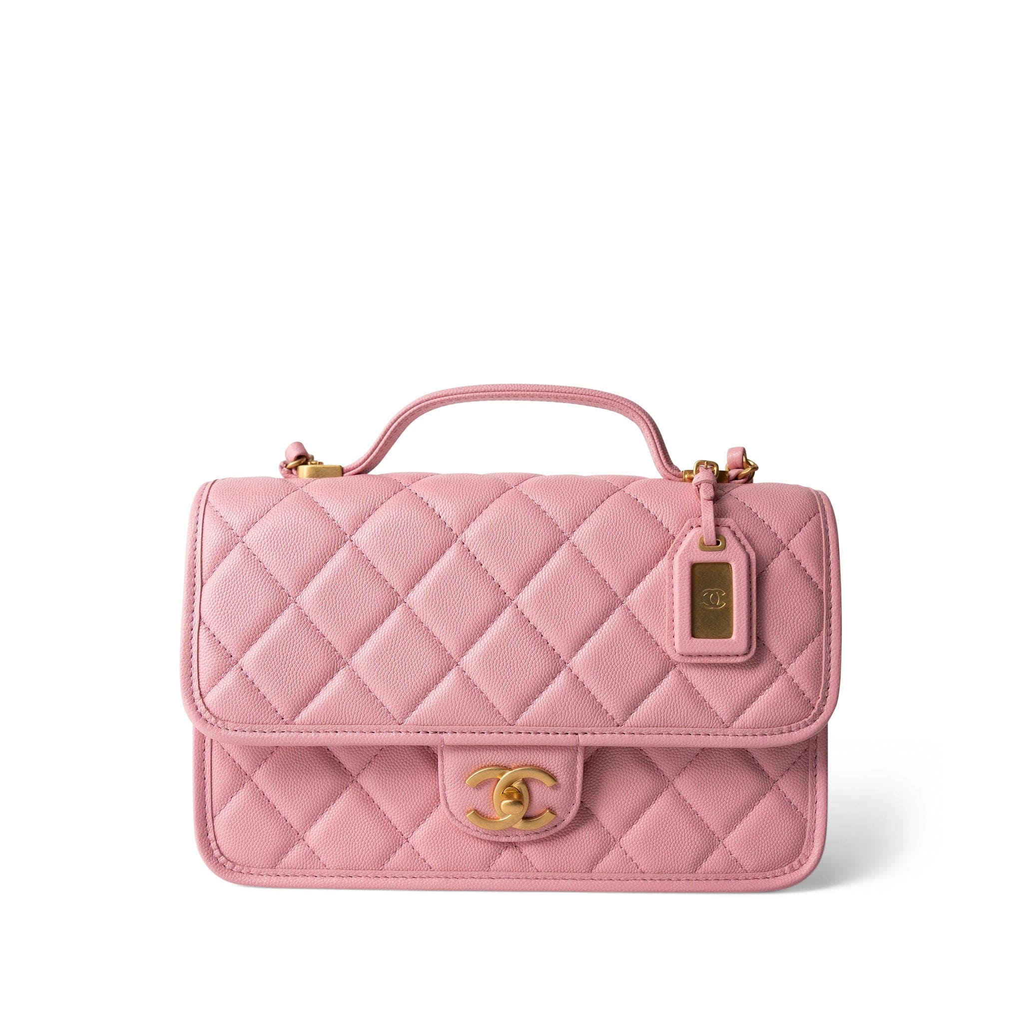 CHANEL Pink 22K Pink Caviar Quilted School Memory Top Handle Flap Aged Gold Hardware -Knockoff
