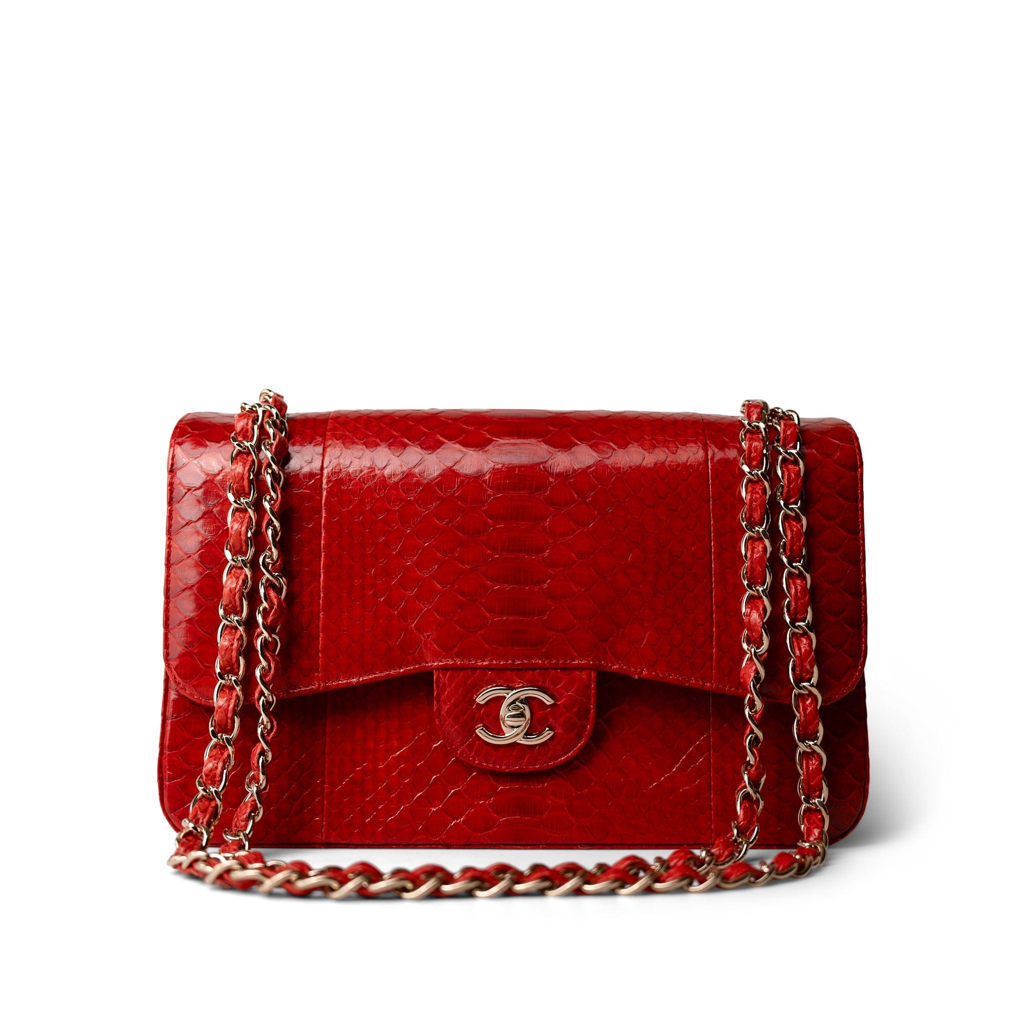 CHANEL Red Red Python Jumbo Classic Flap Light Gold Hardware -Knockoff
