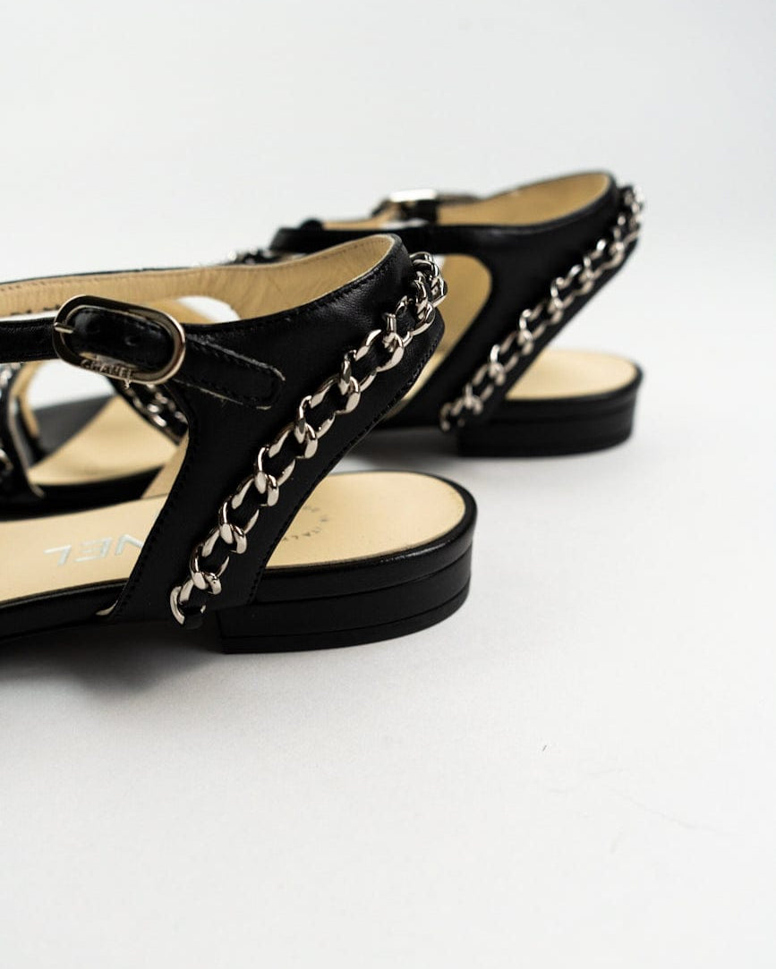 CHANEL Sandals CC Black Leather Silver Chain Embellished Sandals - size 36 / 5.5 US -Knockoff
