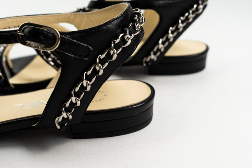 CHANEL Sandals CC Black Leather Silver Chain Embellished Sandals - size 36 / 5.5 US -Knockoff
