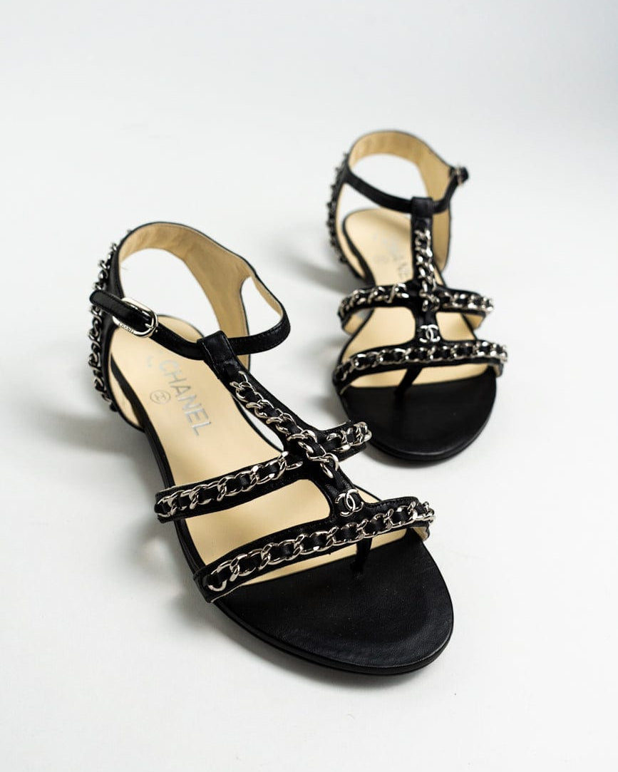 CHANEL Sandals CC Black Leather Silver Chain Embellished Sandals - size 36 / 5.5 US -Knockoff
